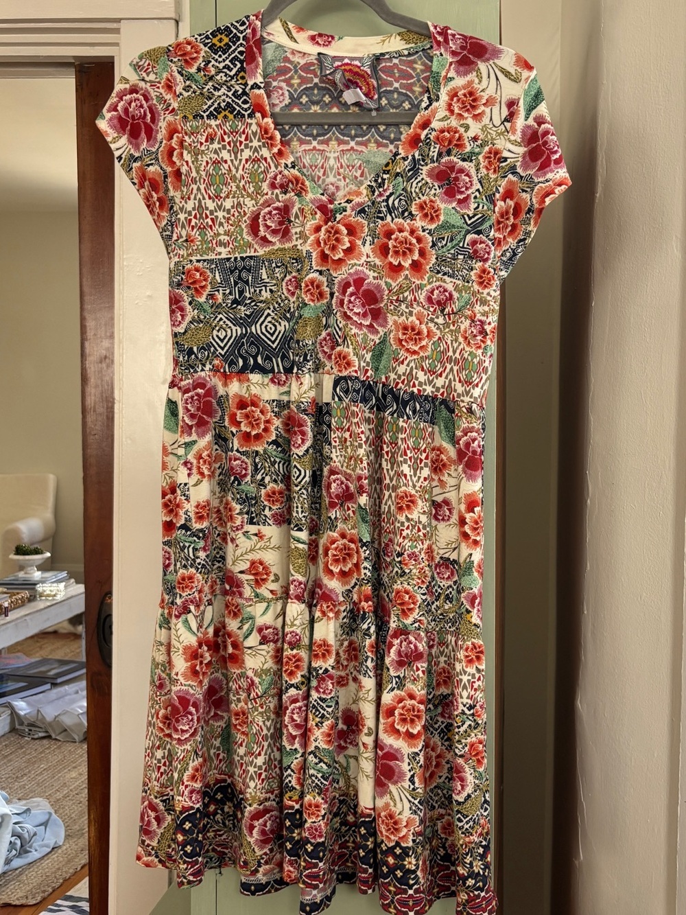 Johnny Was Aztec Flower Tiered Hem Dress SZ XXS Women